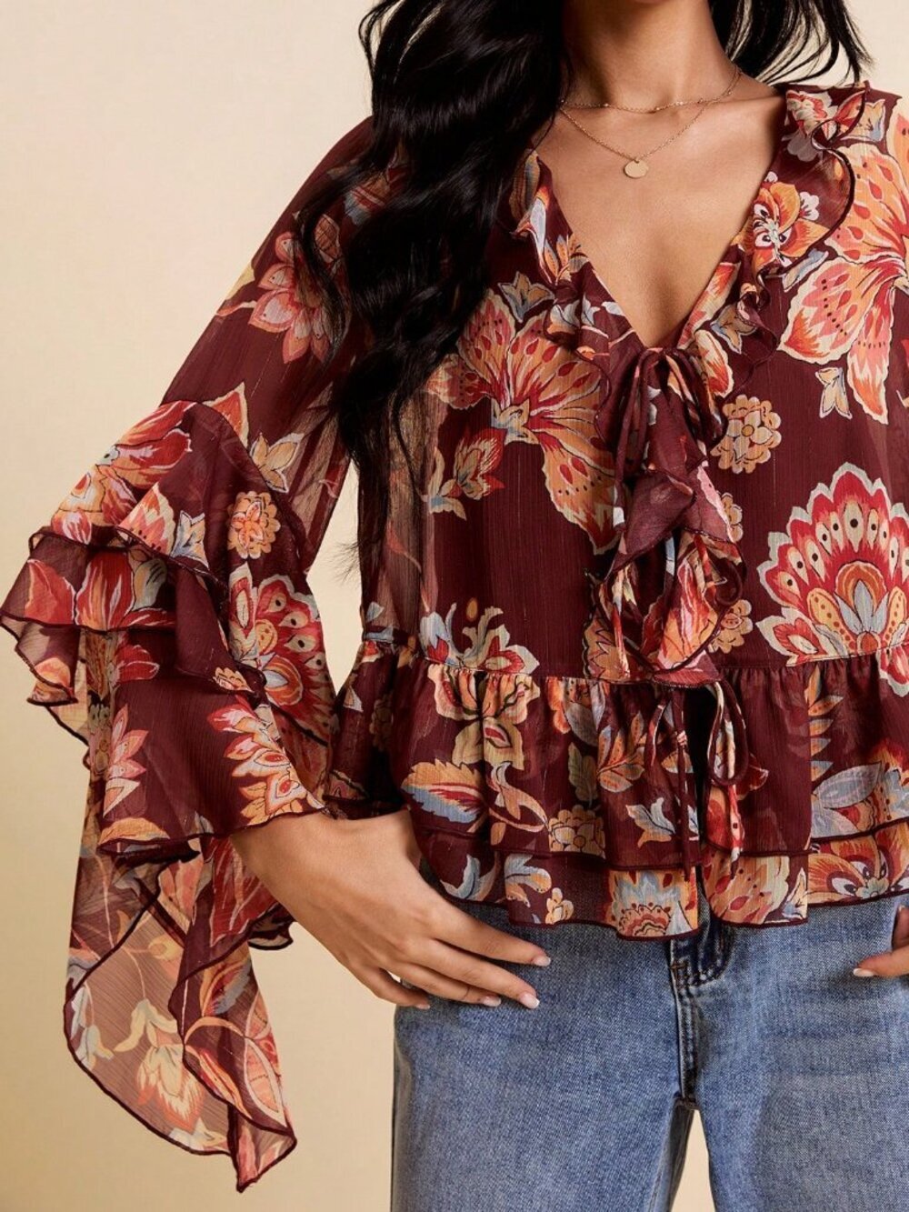 Multicolor Boho Women's All-Over Print V-Neck Ruffle Hem Blouse - Picture 3 of 5